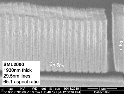 SML50 Positive E-beam Resist wiht High Resolution and High Apect Ratio: Resolution 29.5 nanometer at film thickness 1930 nanometer (Aspect ratio: 65:1).